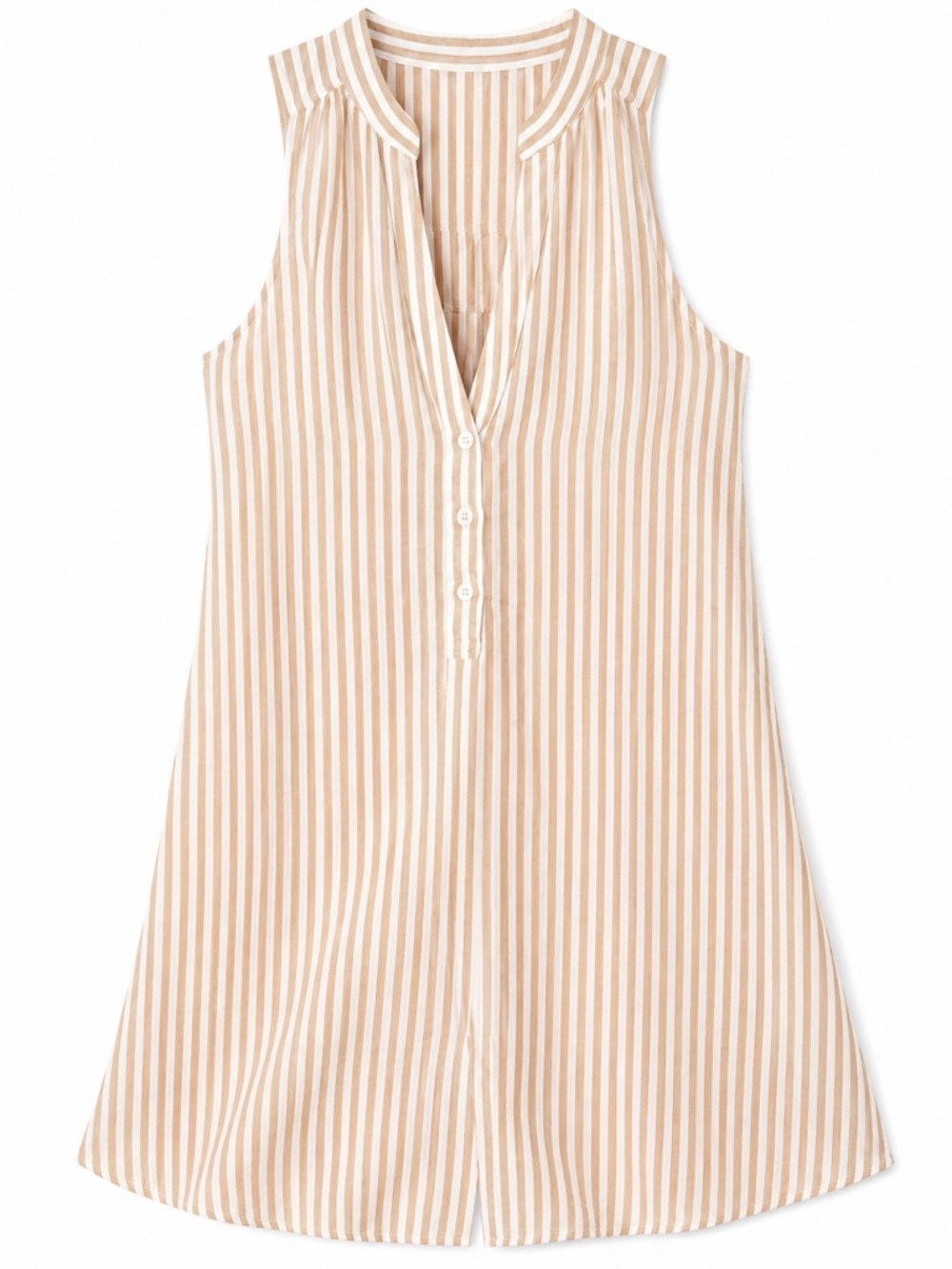 Striped Beach Cover Up Dress Tan White Sleeveless Button Front Swim Coverup E237